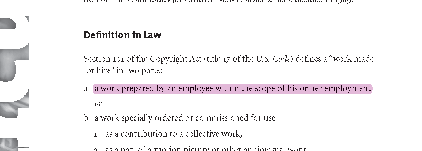 excerpt of the linked document with the first part of the definition of 'work made for hire' highlighted