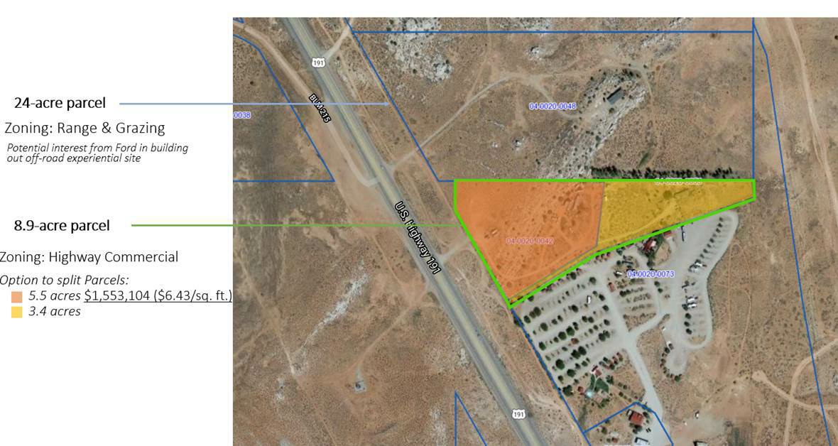 A parcel map showing in orange and yellow an 8.9-acre property zoned "highway commercial" and an adjacent 24-acre parcel zoned "range & grazing" with the caption "potential interest from Ford in building out off-road experiential site".