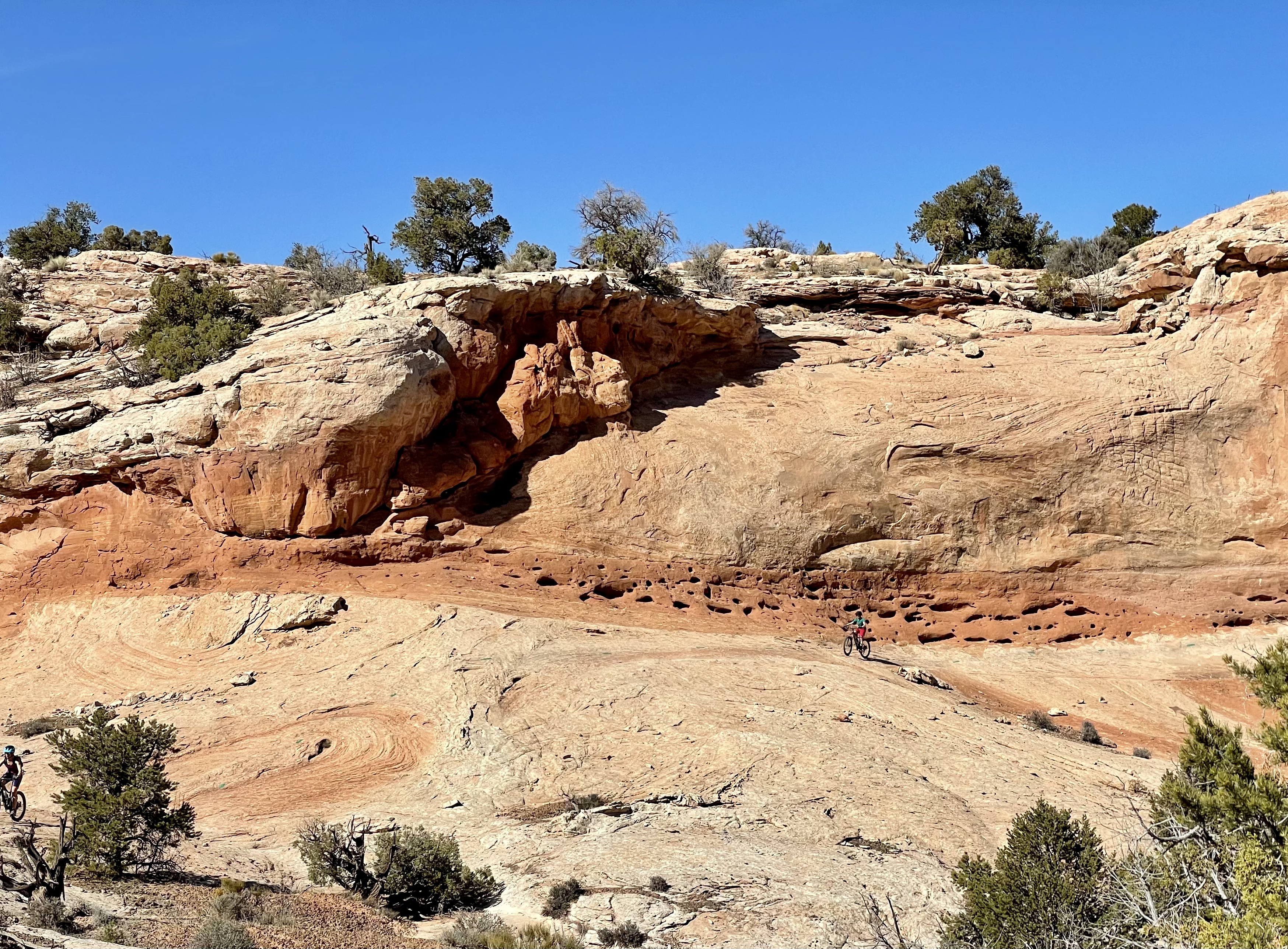 A biker rides crossways over a steep Navajo Sandstone slope, next to a Navajo Sandstone cliff