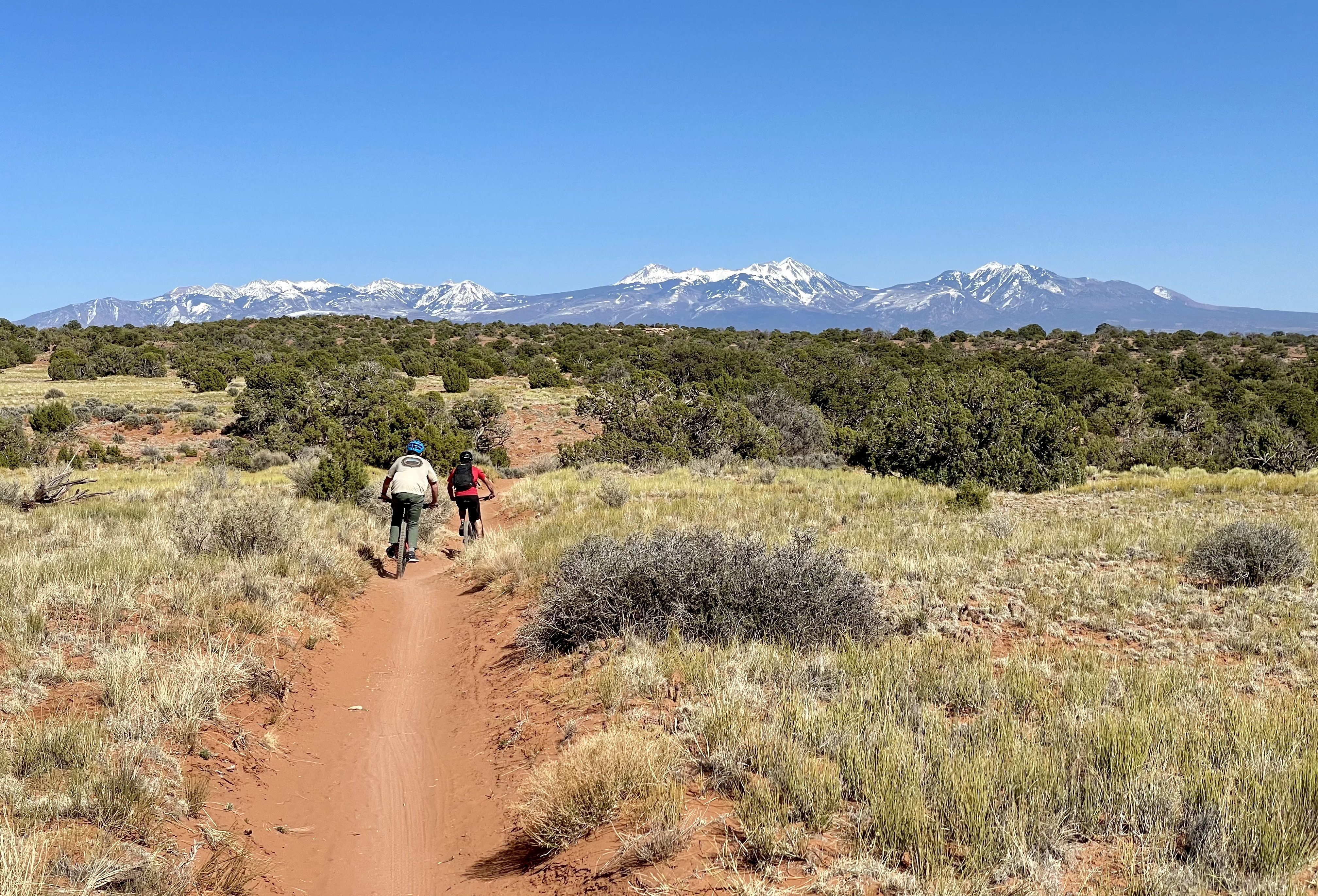 Two bikers ride down a dirt singletrack trail in Dead Horse Point State Park, toward the La Sal Mountains in the background.